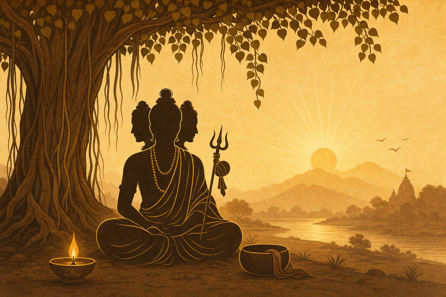 A symbolic, non-literal illustration of Dattatreya as a wandering sage seated beneath a banyan tree at dawn, with a small oil lamp and begging bowl, evoking stillness rather than a literal portrait