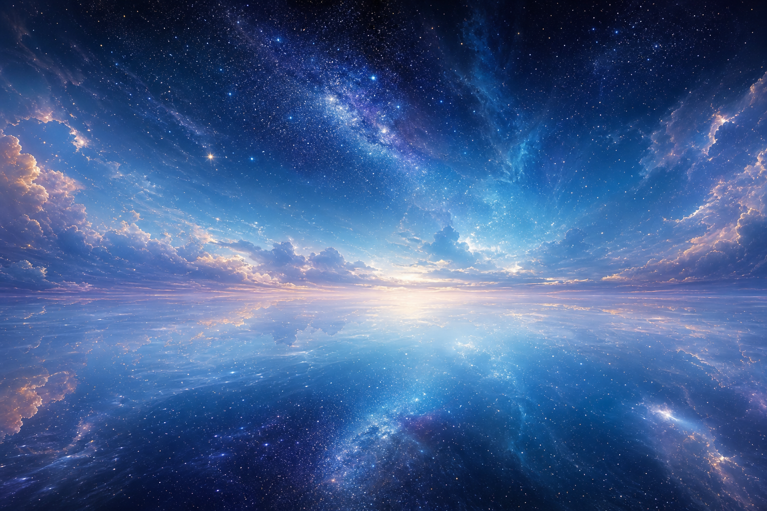 Infinite sky reflected in still water, symbolizing the boundless, all-pervading Self described in the Avadhuta Gita