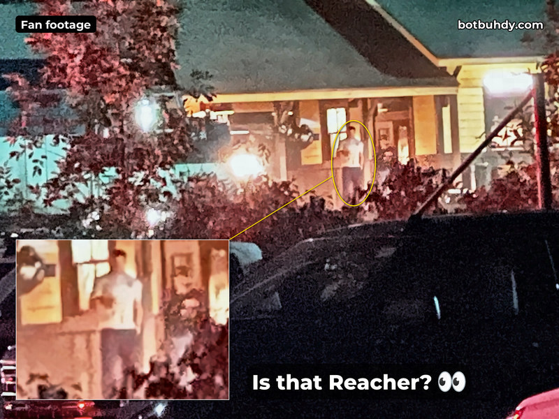 The 8:40 PM deck photo with a circle around the man in the white T-shirt and a zoomed inset labelled "Is that Reacher?".