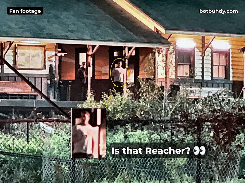 The 9:01 PM porch photo with a circle around the man in the white T-shirt and a zoomed inset labelled "Is that Reacher?".