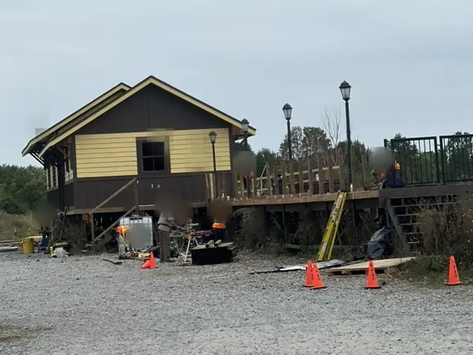 Construction crew building a set platform