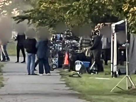 Crew and equipment carts staged on location