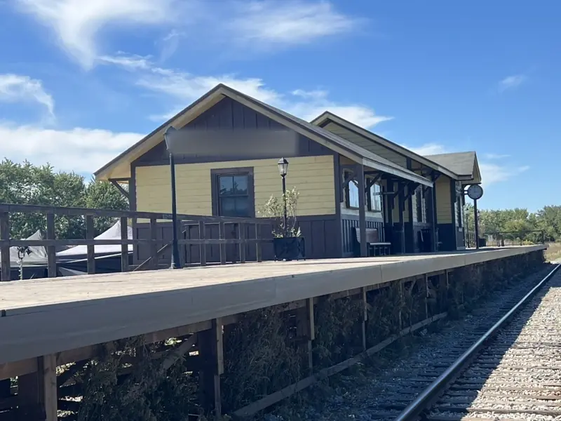 Station set building and platform beside the tracks on the filming set
