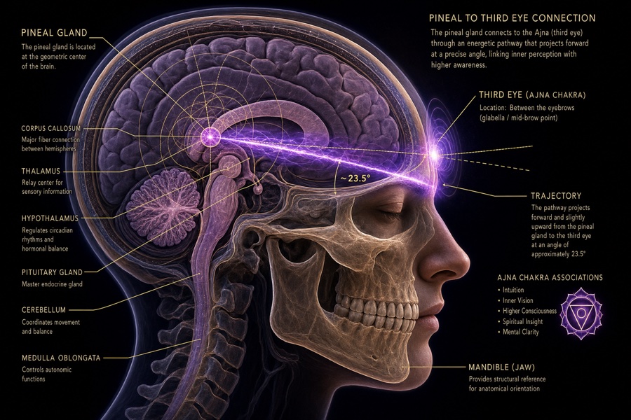Pineal Gland to Third Eye (Ajna Chakra) Pathway — showing the ~23.5° anatomical trajectory from the pineal gland at the geometric center of the brain to the Ajna point between the eyebrows