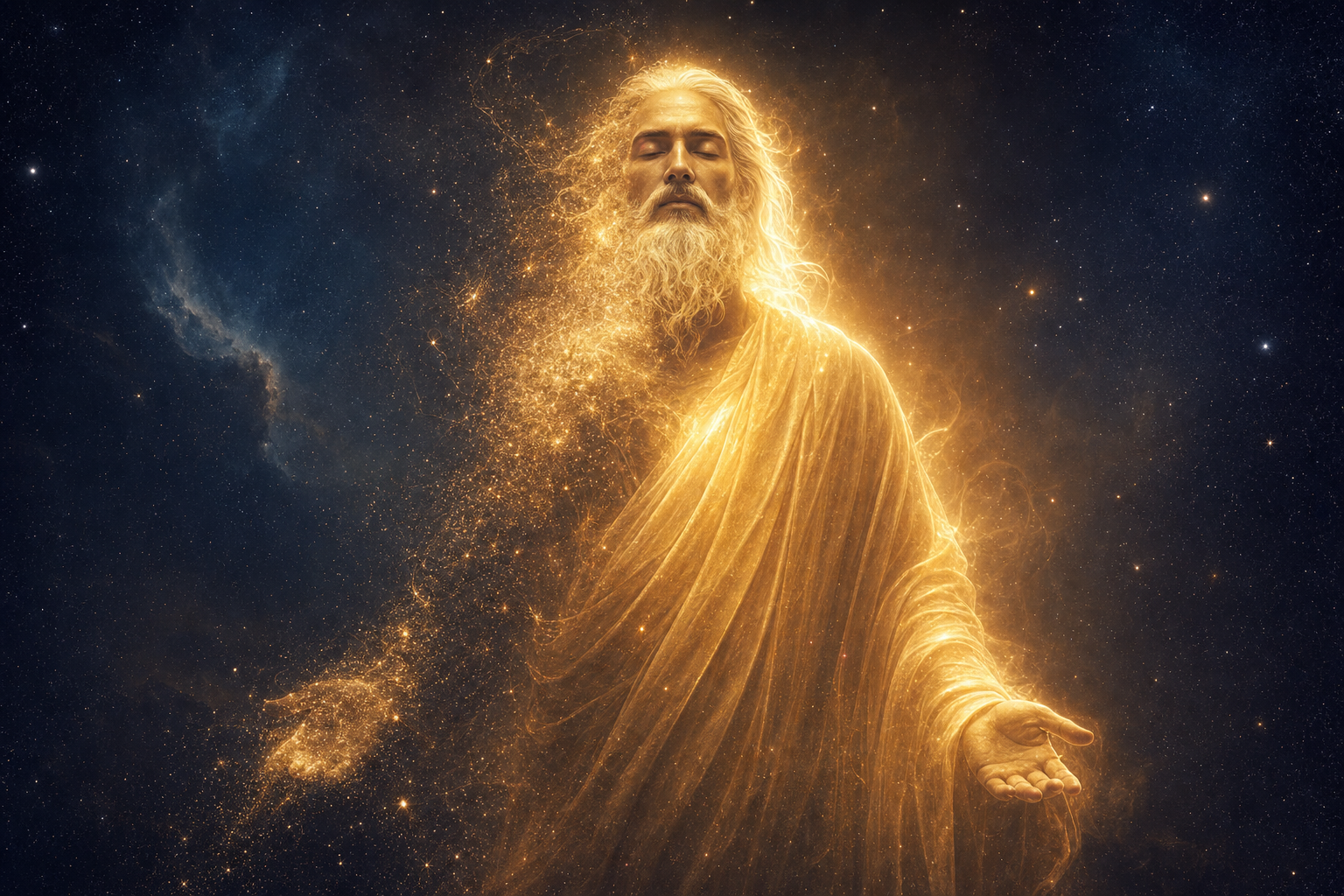 Ethereal luminous figure materializing from cosmic light — representing Sri Yukteswar's resurrection