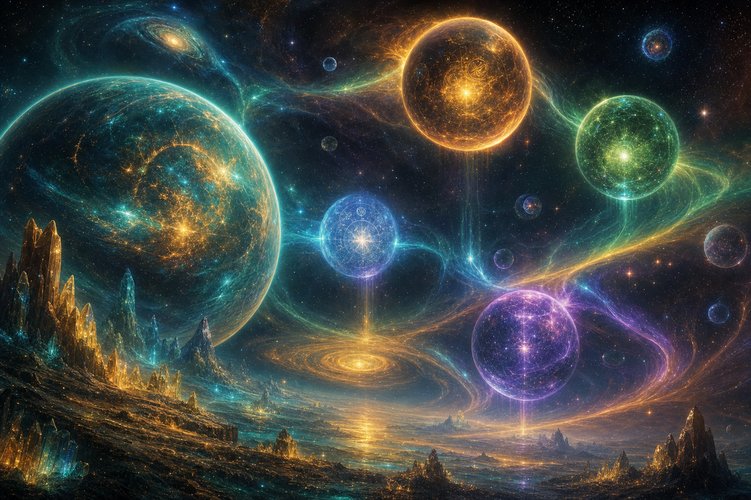 Luminous astral planets floating in cosmic space, connected by aurora-like streams of light
