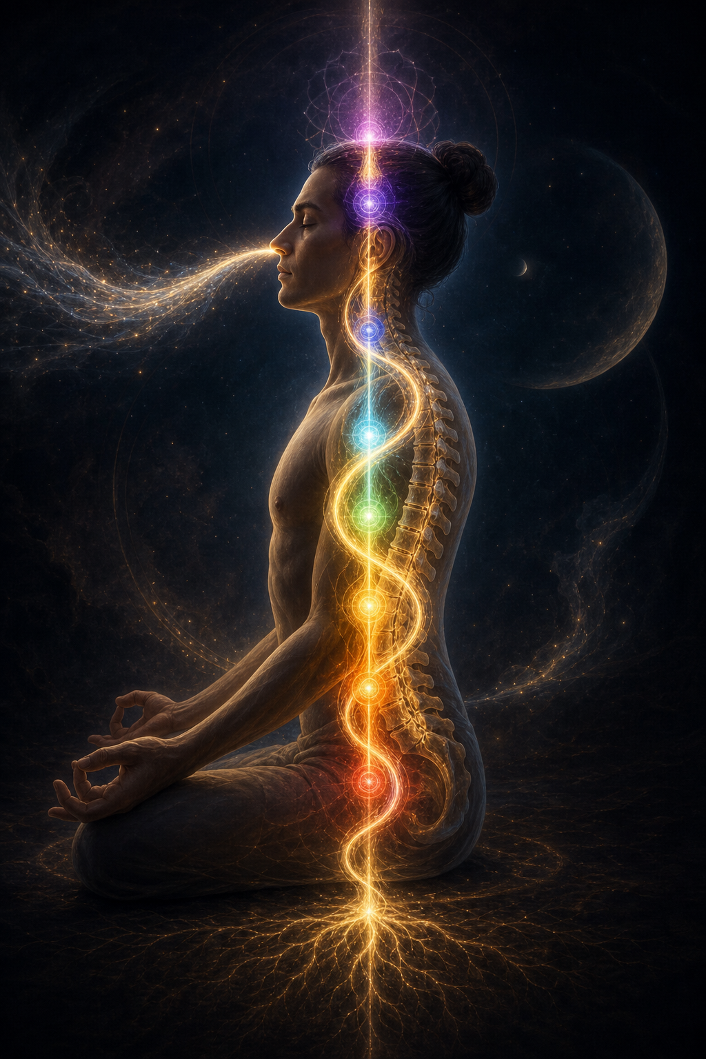Kriya Yoga - spinal breathing visualization with golden energy rising through the spine