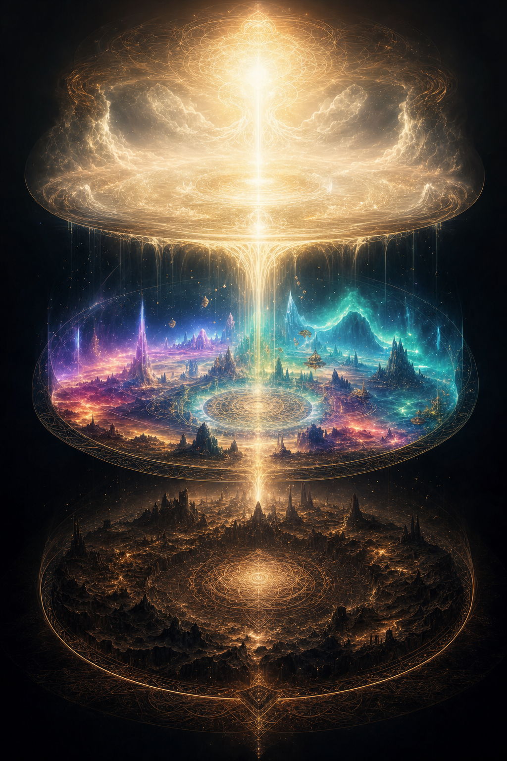 The Three Worlds — Physical (dense earth), Astral (luminous vibrant colors), and Causal (pure formless light) stacked vertically